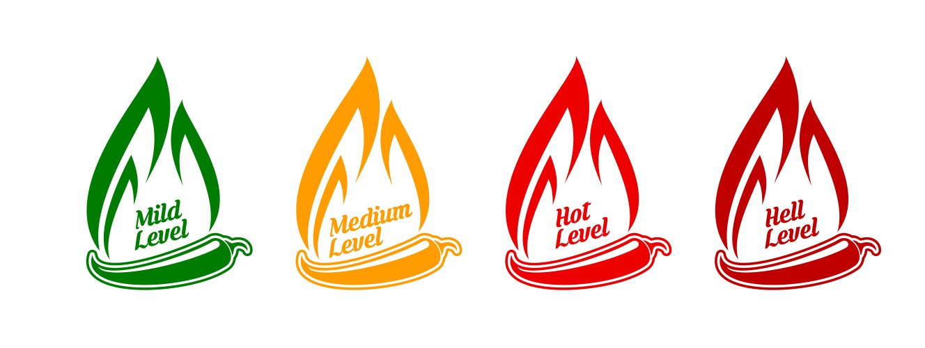 spicy level labels flames and hot chili peppers vector