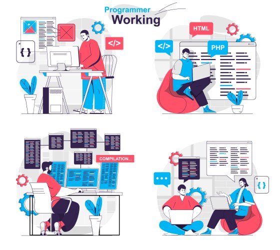 Programmer working concept set developer creates vektorbild
