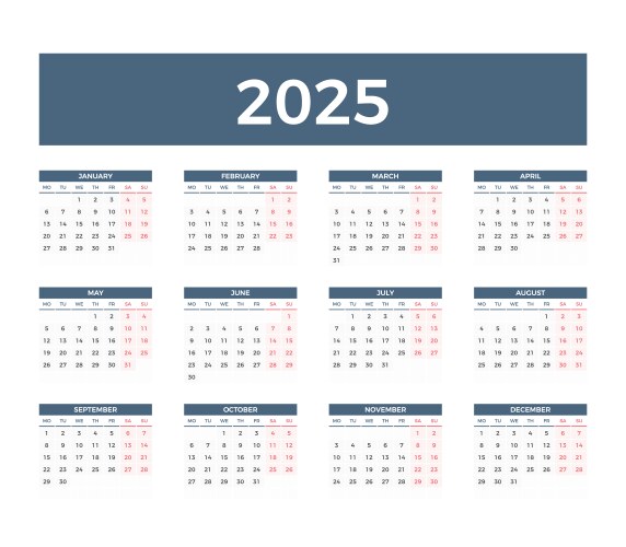 2025 calendar Royalty Free Vector Image - VectorStock