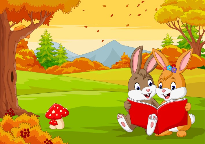 cartoon couples rabbits reading a book vector image