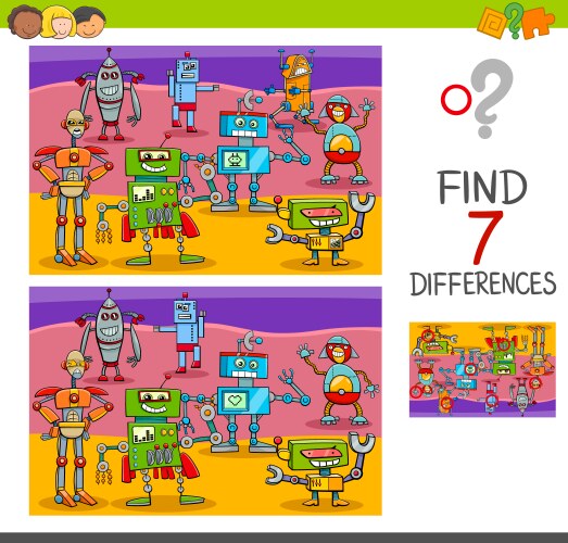 Find differences game with robot characters vector image
