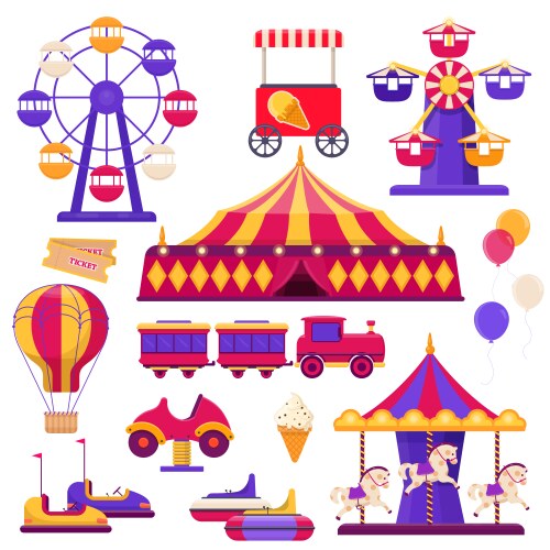Amusement park design elements set merry go round Vector Image