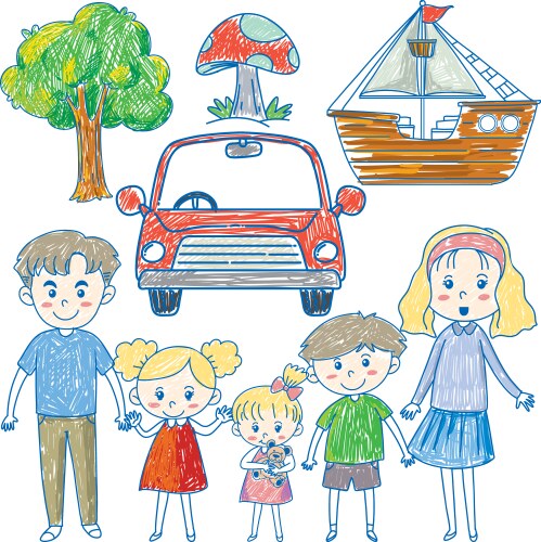 Family Scribble Art - Cute Kids & Animals Vector Image