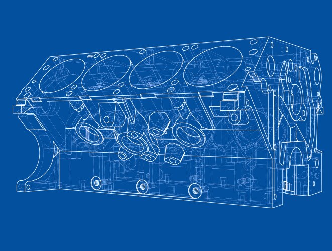 Engine block sketch rendering of 3d vector image
