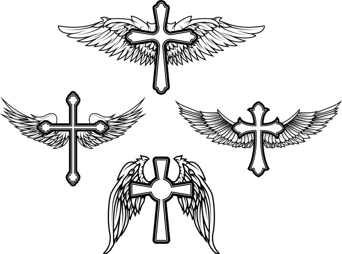 Cross with Wings Tattoo Elements Vector Image