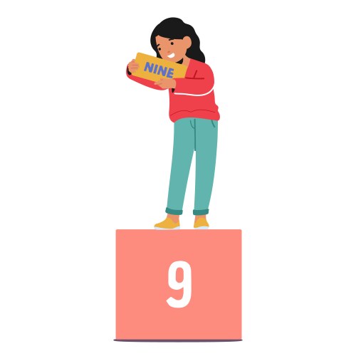 cute smiling girl holding number nine emphasizing vector