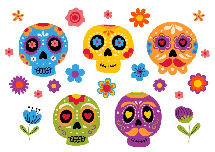 Set of isolated colourful sugar skulls and flower Vector Image