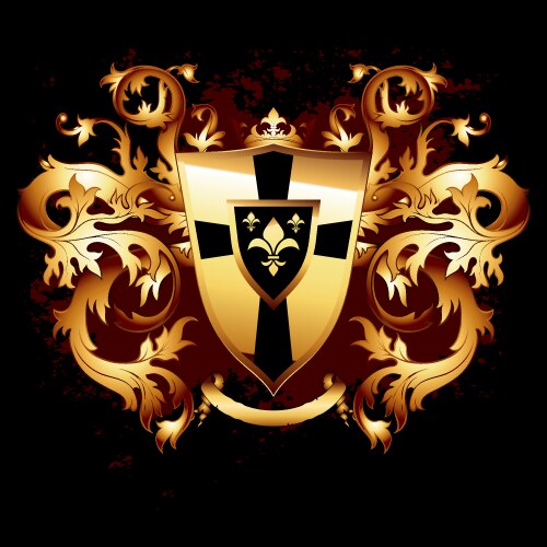 Gold grunge emblem with shield Royalty Free Vector Image