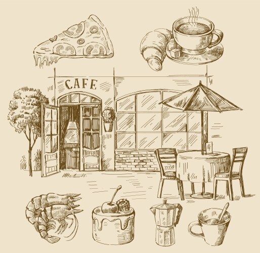 Hand-Drawn Cafe Scene Vector Image