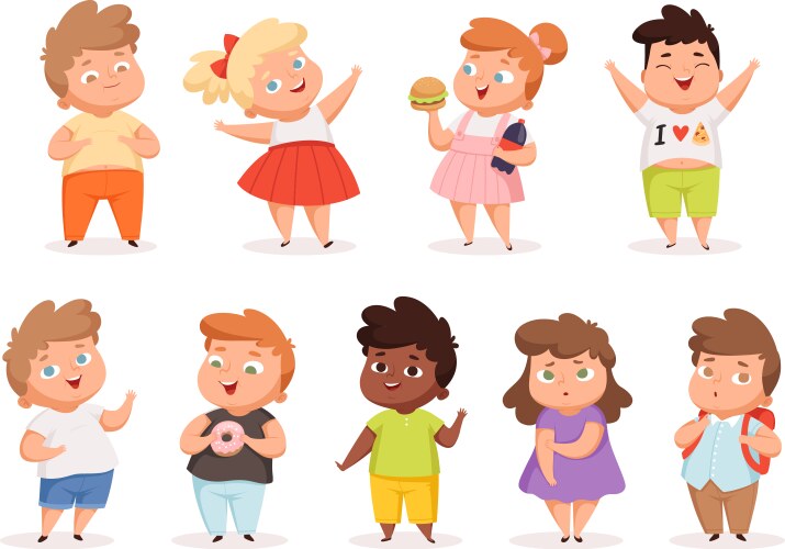 overweight children fat kids eating different vector