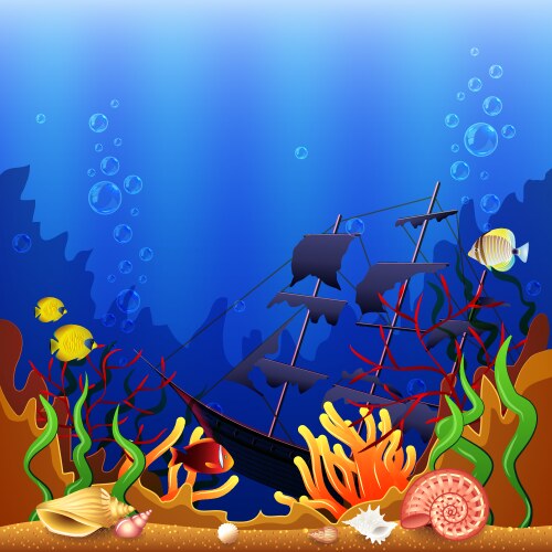 Underwater game level landscape with sunken ship Vector Image