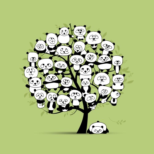 Tree with funny pandas sketch for your design vektorbild