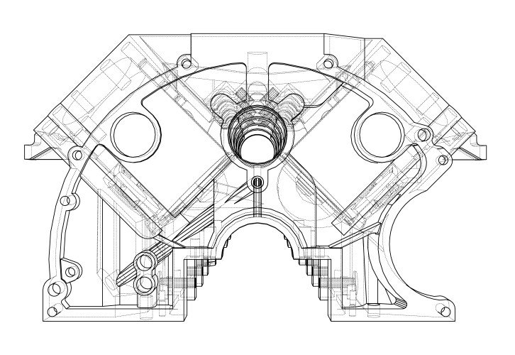 Engine block sketch rendering of 3d vector image