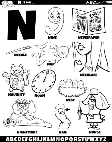 letter n set with cartoon objects and characters vector image