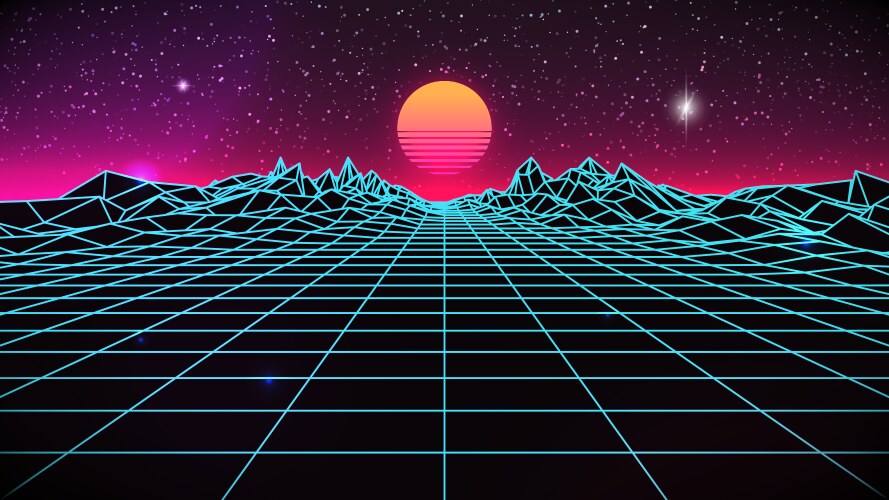 Synthwave background with grid mountain and sunset