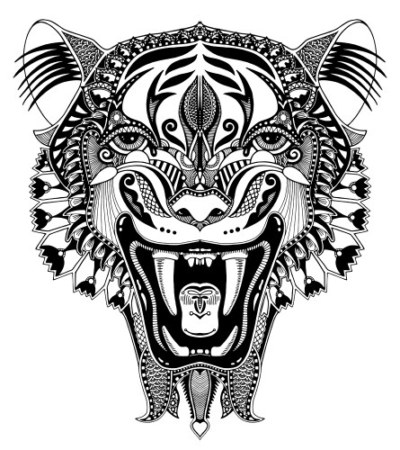 Black Tiger Head Drawing - Fierce Portrait Vector Image