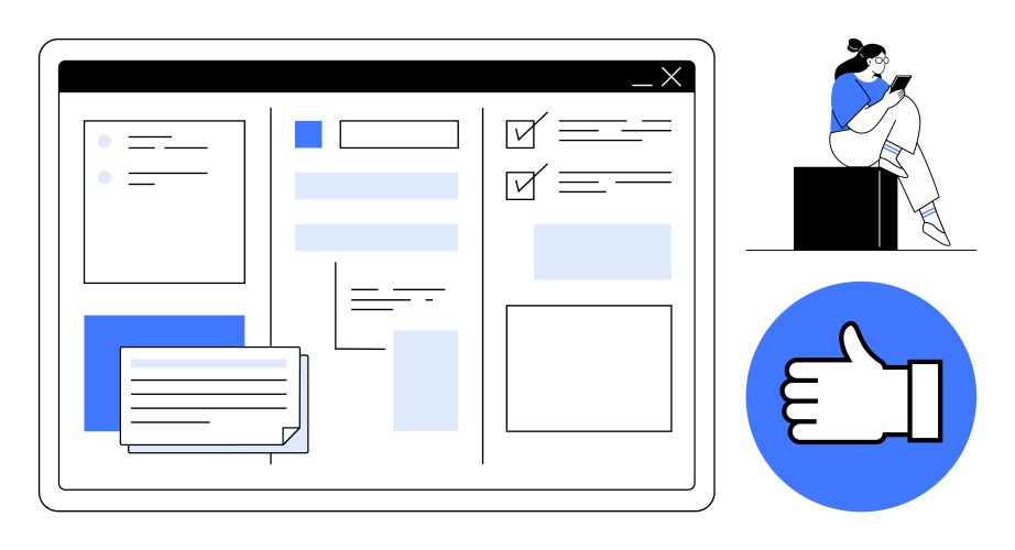 Web interface with forms checklists and a person vector image