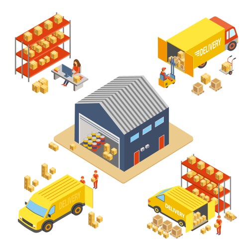 Logistics isometric icons set with cargo trucks Vector Image