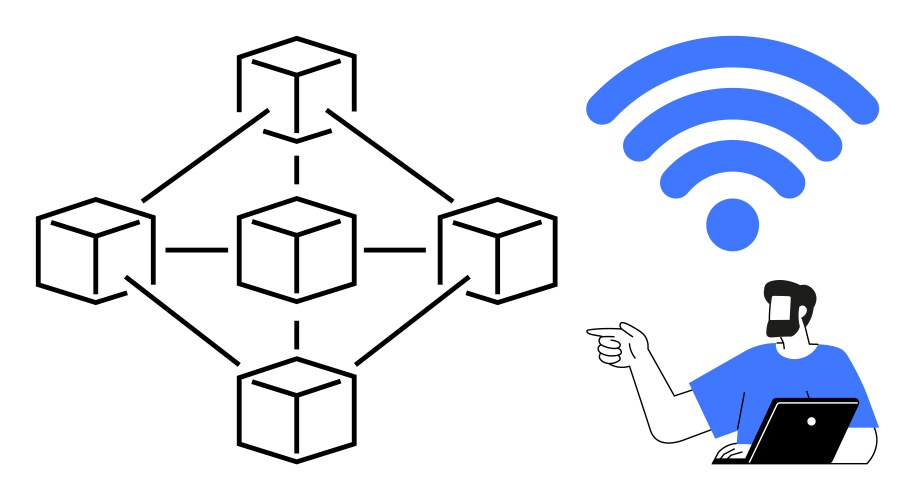 Man with laptop pointing at blockchain network vector image