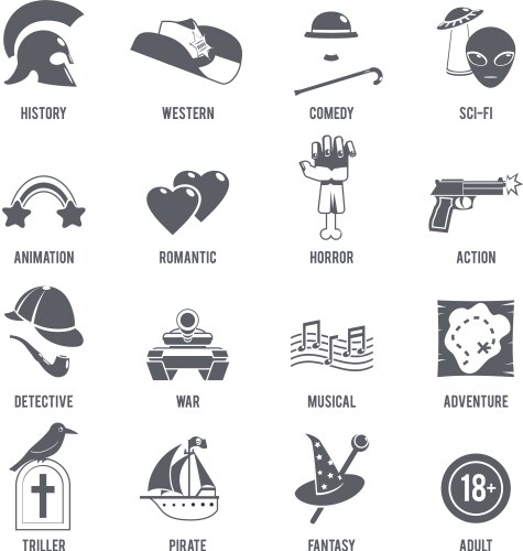 film genres icons black set vector