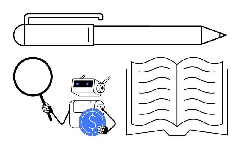 Robot analyzing data with magnifying glass open vector image