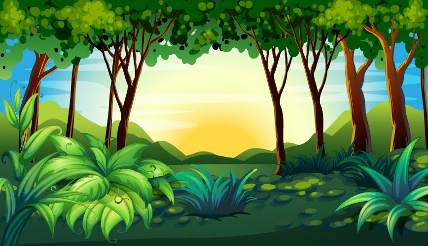 Big river around jungle plants Royalty Free Vector Image