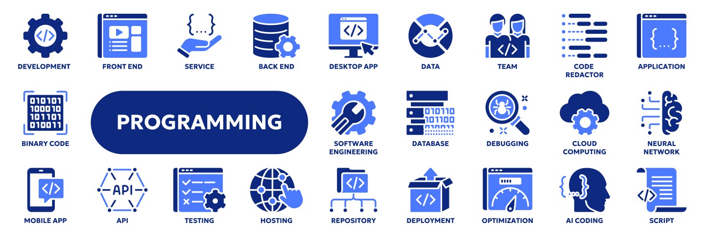 Solid icons of programming and coding vector image
