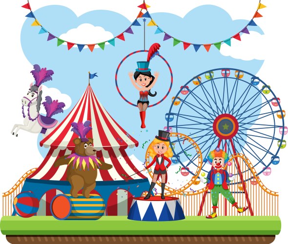 Amusement park scene with ferris wheel and circus Vector Image
