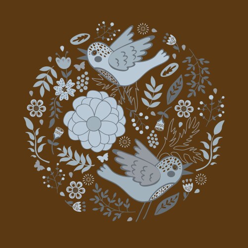 Elegant round composition with birds and flowers Vector Image