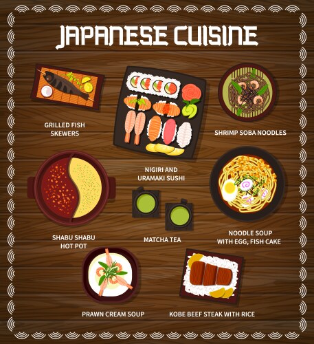 Japanese cuisine japan meals cartoon menu vector image