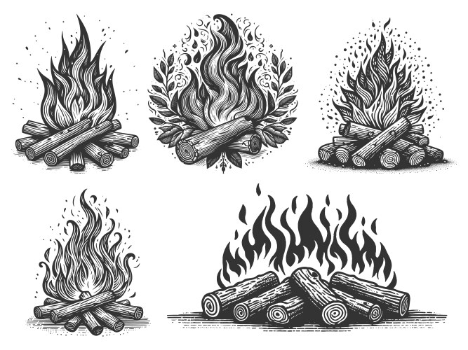 Campfire engraving set collection Vector Image