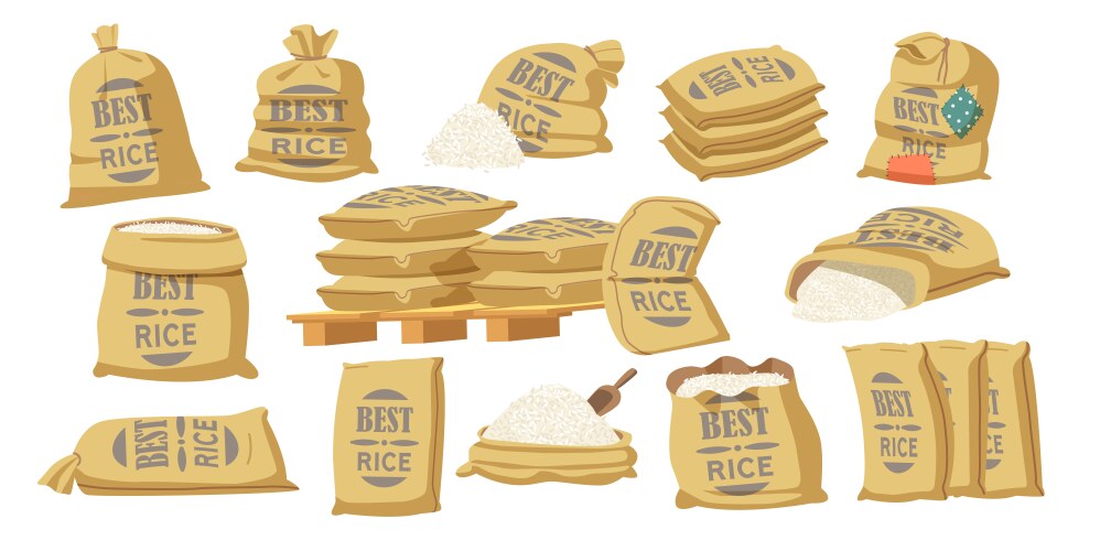 Set best rice cartoon sacks with typography Vector Image