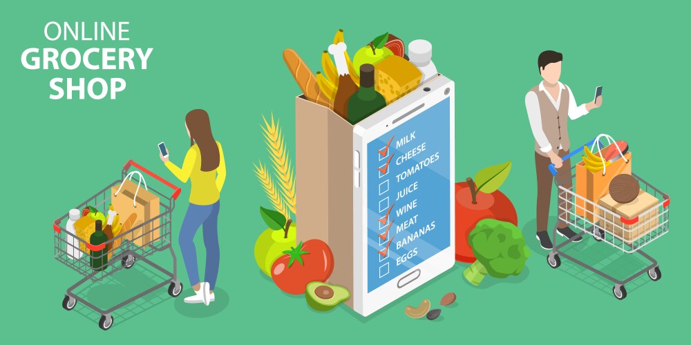 3d isometric flat concept grocery Royalty Free Vector Image
