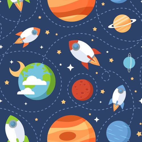Cartoon Space Pattern - Rockets & Planets Vector Image