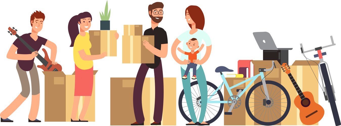 couple and kids holding cardboard box vector image