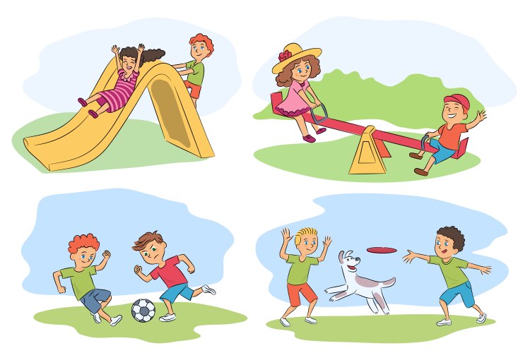 Funny kids recreation summer scenes set vector image