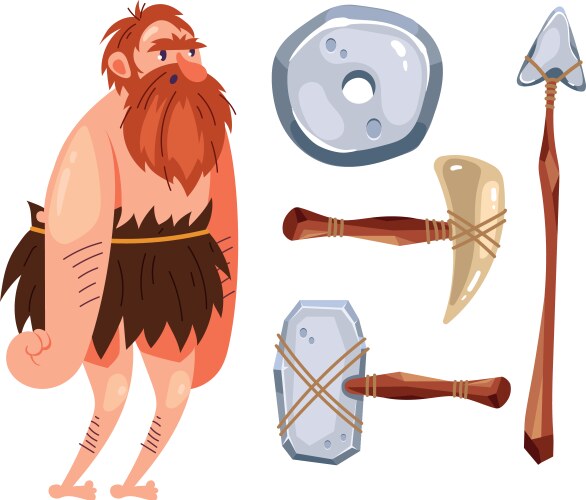 Caveman character with his personal weapon tools vector image