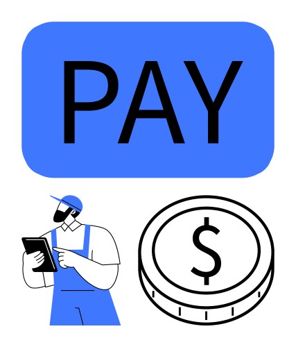 Worker using tablet with large pay button and coin vector image
