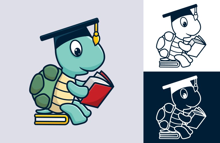 Funny turtle wearing graduation hat reading book Vector Image
