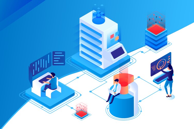 Data center or centre with hardware engineers Vector Image