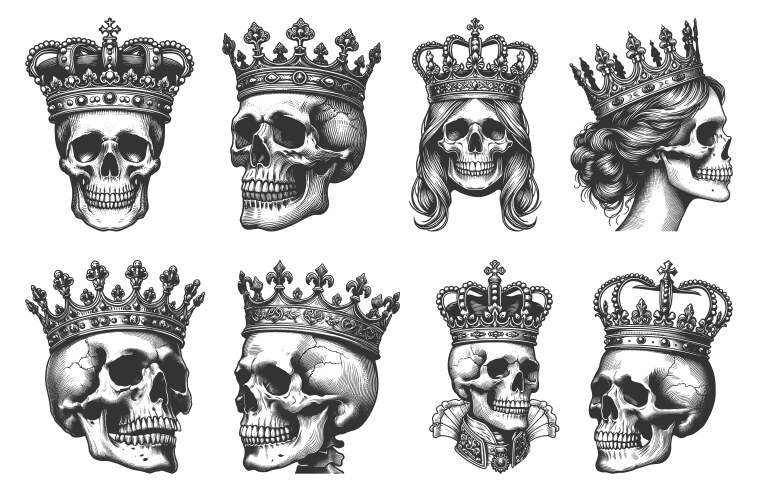 Skulls with royal crowns engraving set Vector Image