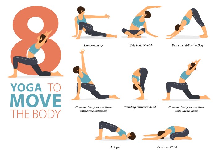 8 standing yoga poses for move body concept vector image vector image