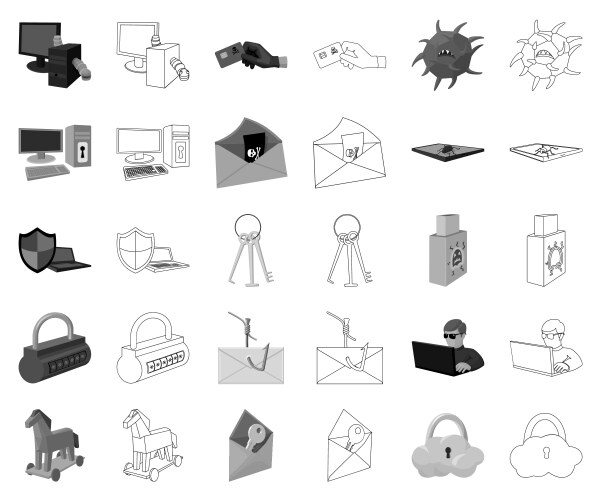 Hacker and hacking monochromeoutline icons in set vector image
