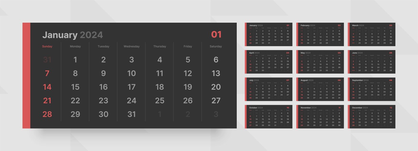 monthly calendar for 2024 year starts on sunday vector image