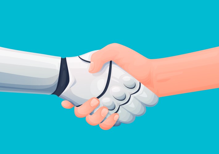 human and robot partnership handshake vector