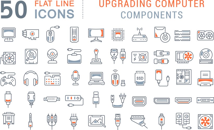 set line icons upgrading computer components vector