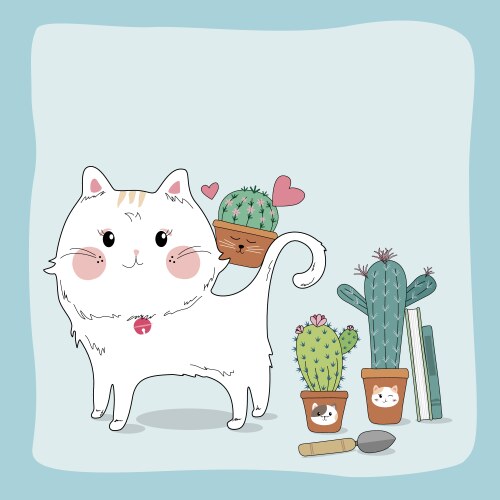Hand drawn sketch cute cat and cactus Vector Image