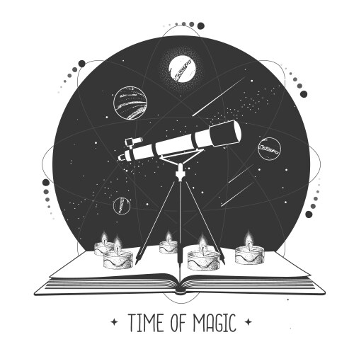 Modern magic witchcraft open book with telescope vector image