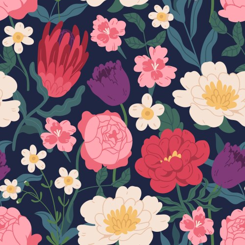 Floral Seamless Pattern - Peonies, Roses & Protea Vector Image