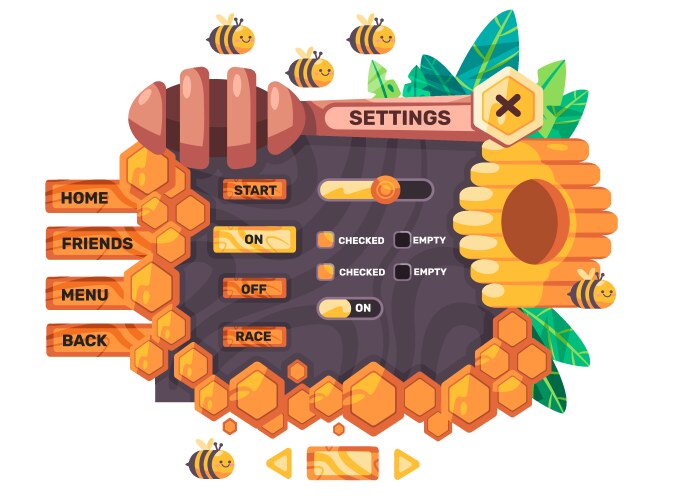 Game set user interface of honey bee setting menu vektorbild